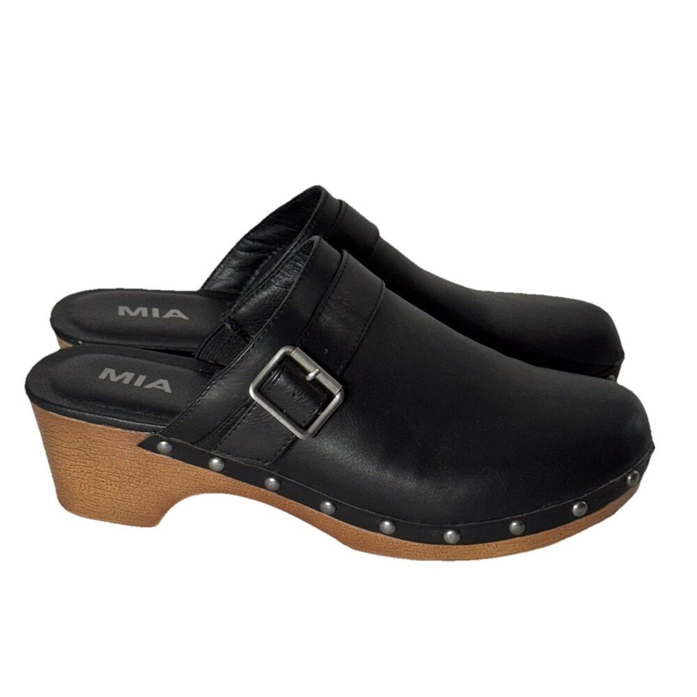 * MIA Mules Womens Size 10 Black Shoes Lightweight Casual Clogs Faux Wood Soles - Picture 3 of 8